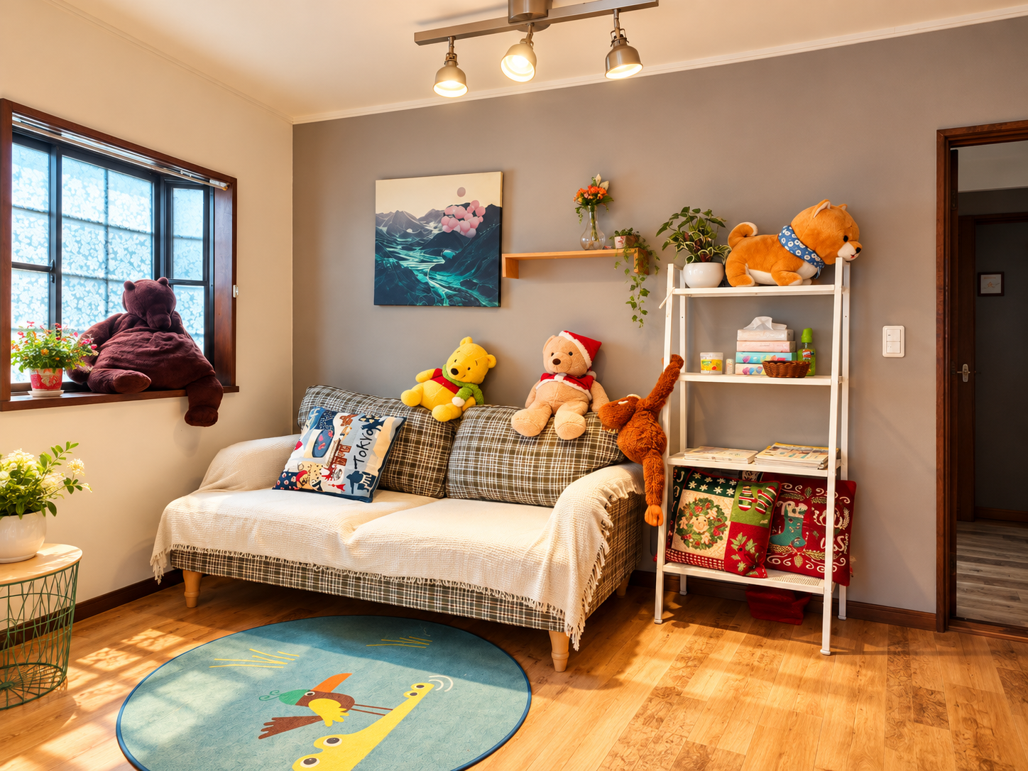 KOGUMA HOUSE のリビング。ソファ、ぬいぐるみ、窓からの自然光がある空間